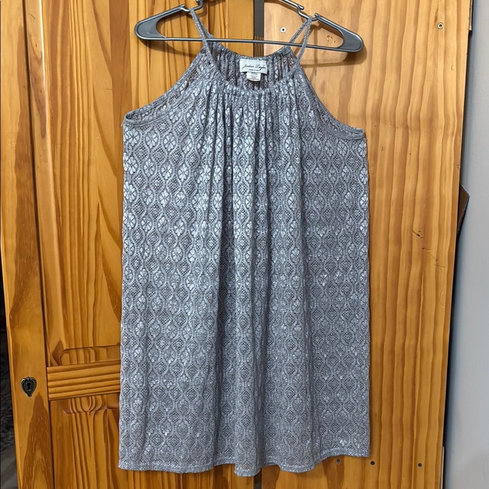 JORDAN TAYLOR SHINY COVER-UP WOMEN L SILVER SPAGHETTI STRAP STRETCH LACE DESIGN